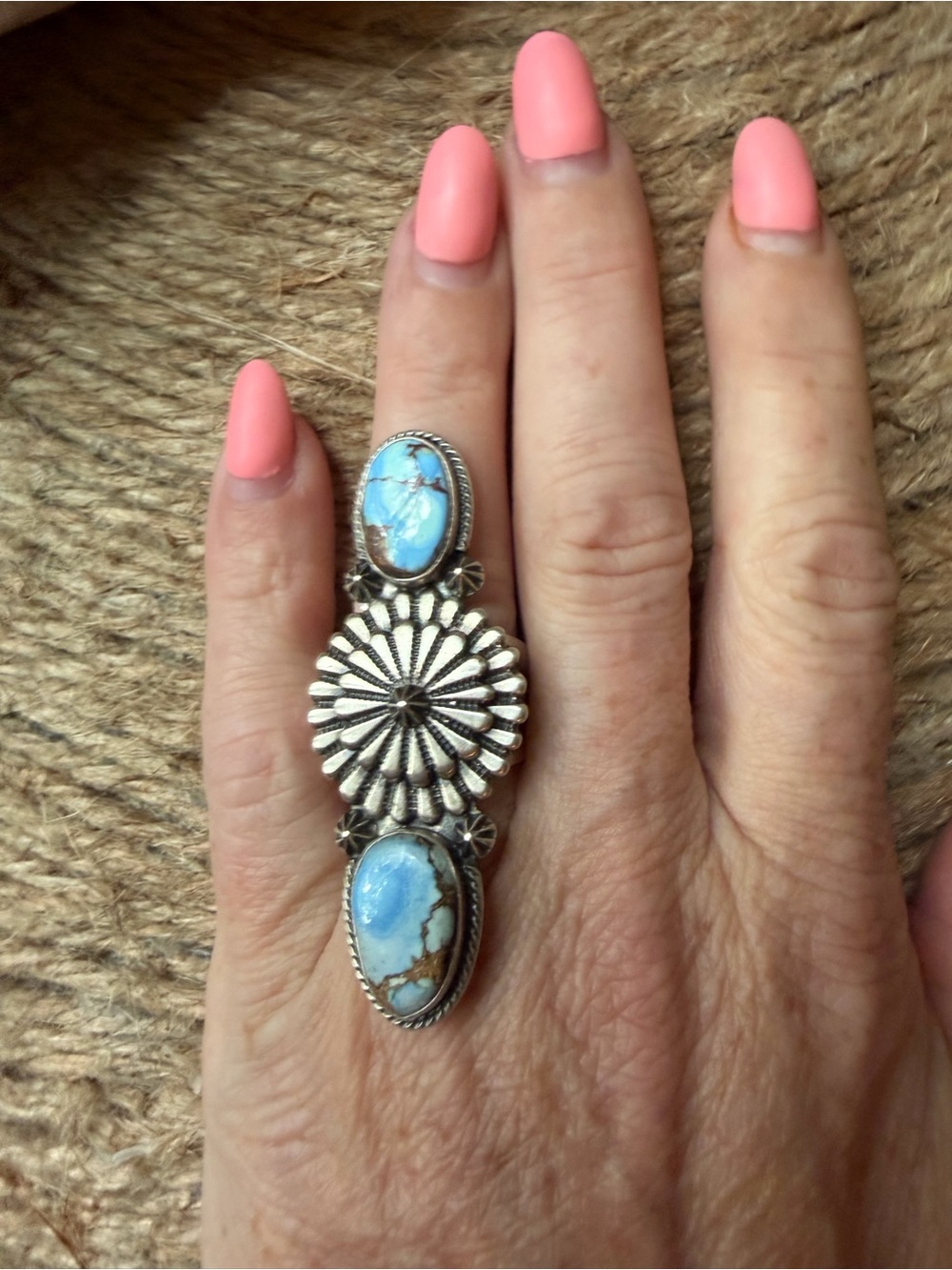Samual Yellowhair Navajo Sterling Silver Golden Hills Turquoise Statement Ring - Picture 9 of 9